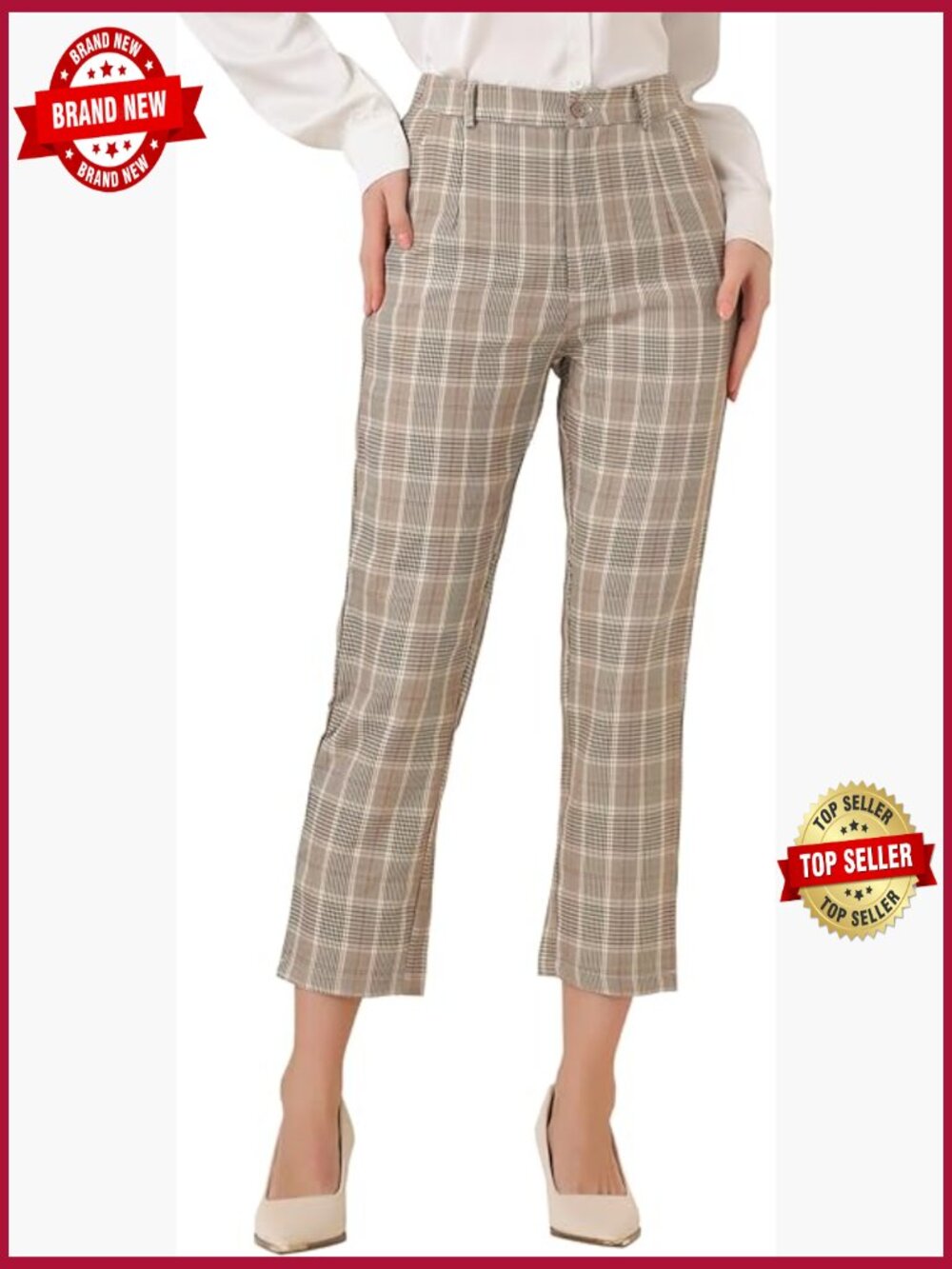 High Waisted Ankle Work Pants Plaid Office Slacks